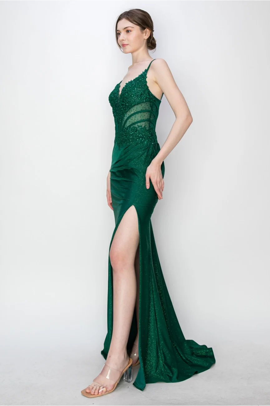 High Couture MJ1019 Long Formal Fitted Corset Slit Evening Prom Gown - Primitiveus