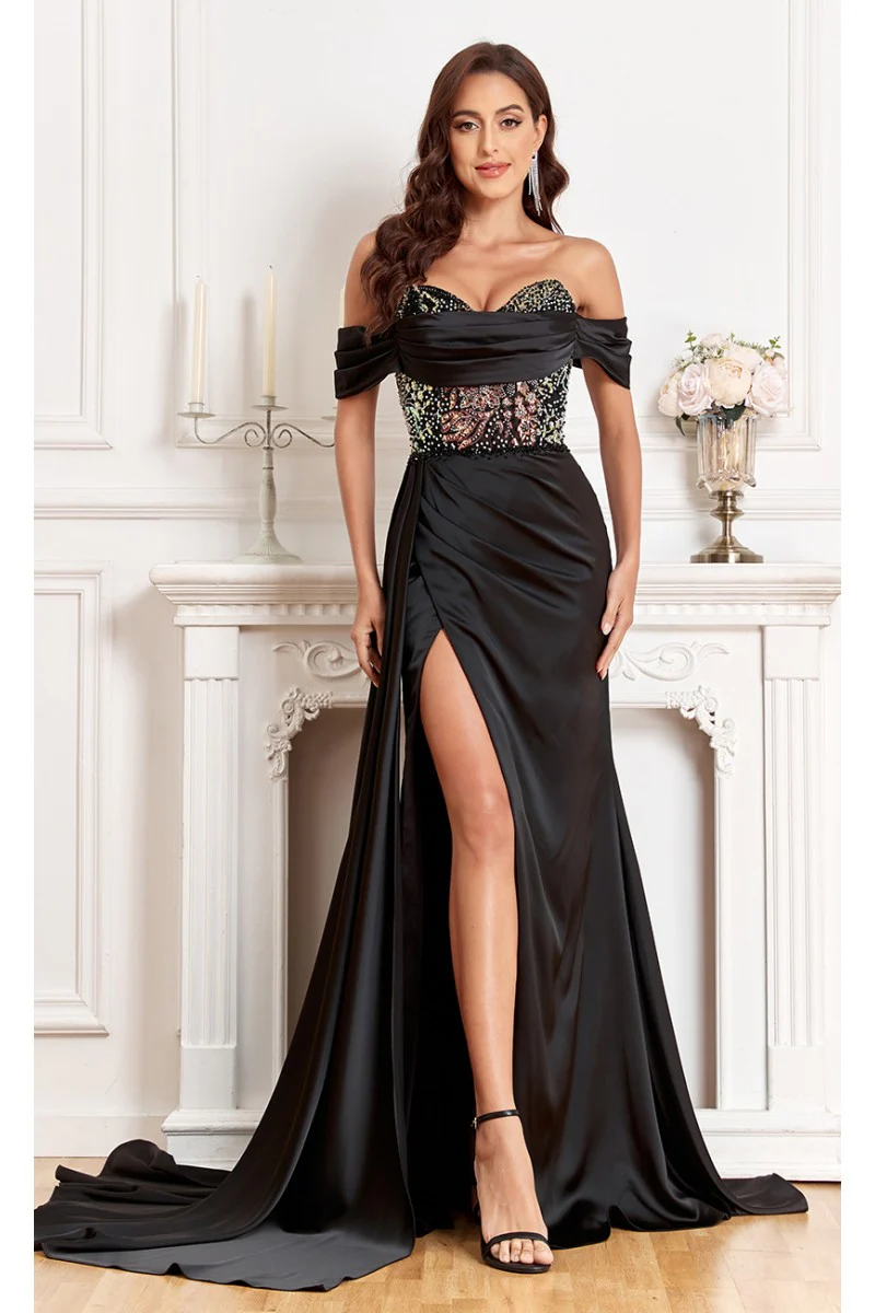 High Couture MJ1005 Fitted Prom Long Formal Beaded Slit Evening Gown - Primitiveus
