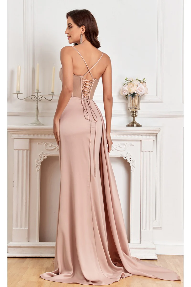 High Couture MJ1003 Fitted Corset Long Formal Slit Prom Dress - Primitiveus