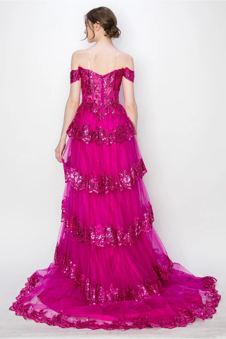 High Couture MJ1020 Long Ball Gown Formal Tiered Prom Dress - Primitiveus