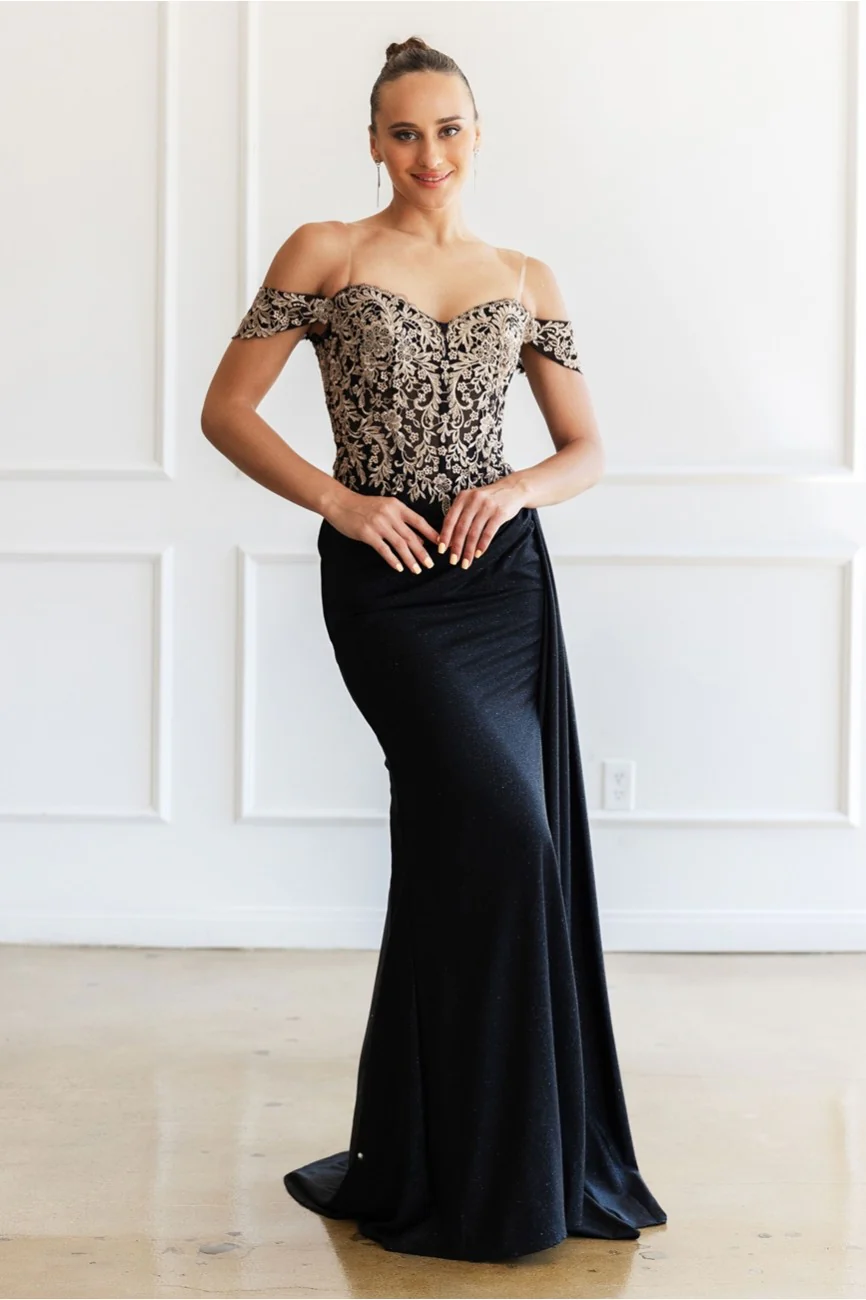 High Couture MJ1021 Glitter Long Formal Lace Applique Prom Dress - Primitiveus