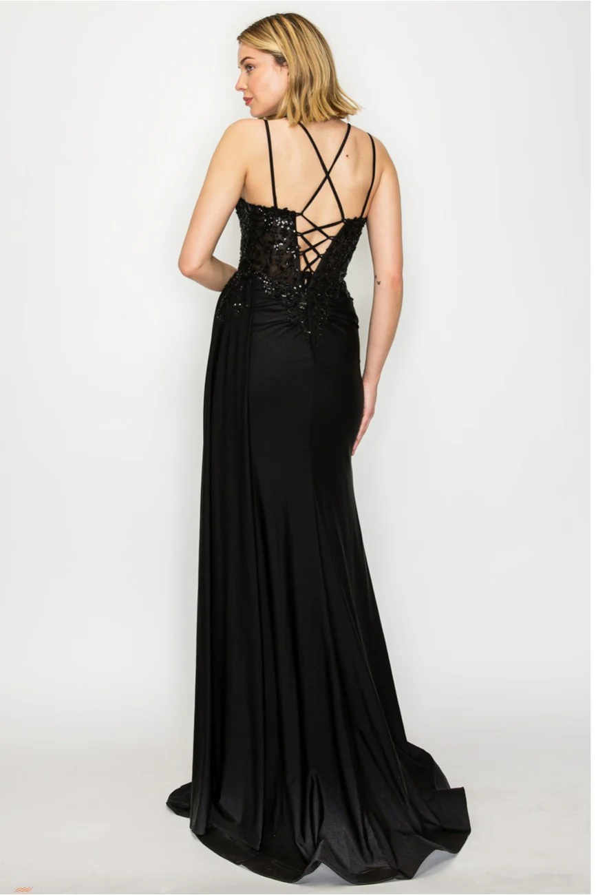 High Couture MJ1014 Prom Long Corset Slit Fitted Formal Dress - Primitiveus