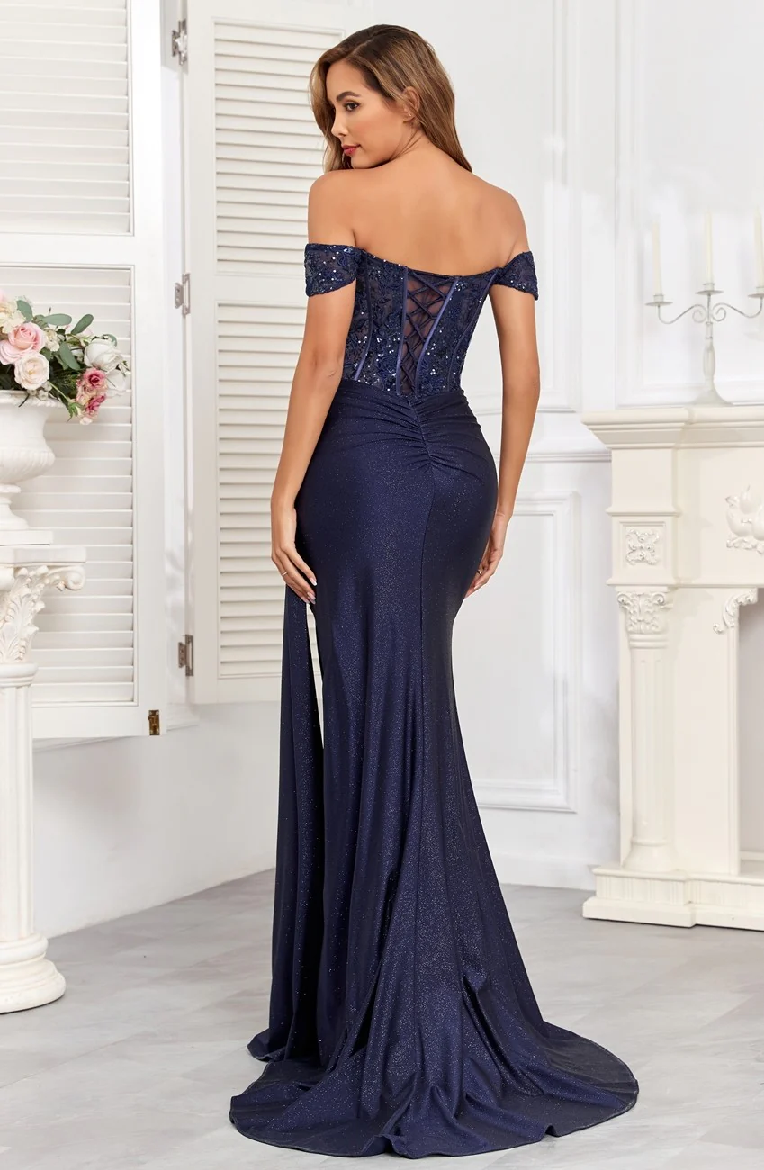 High Couture HC1005 Glitter Long Corset Fitted Formal Prom Dress - Primitiveus