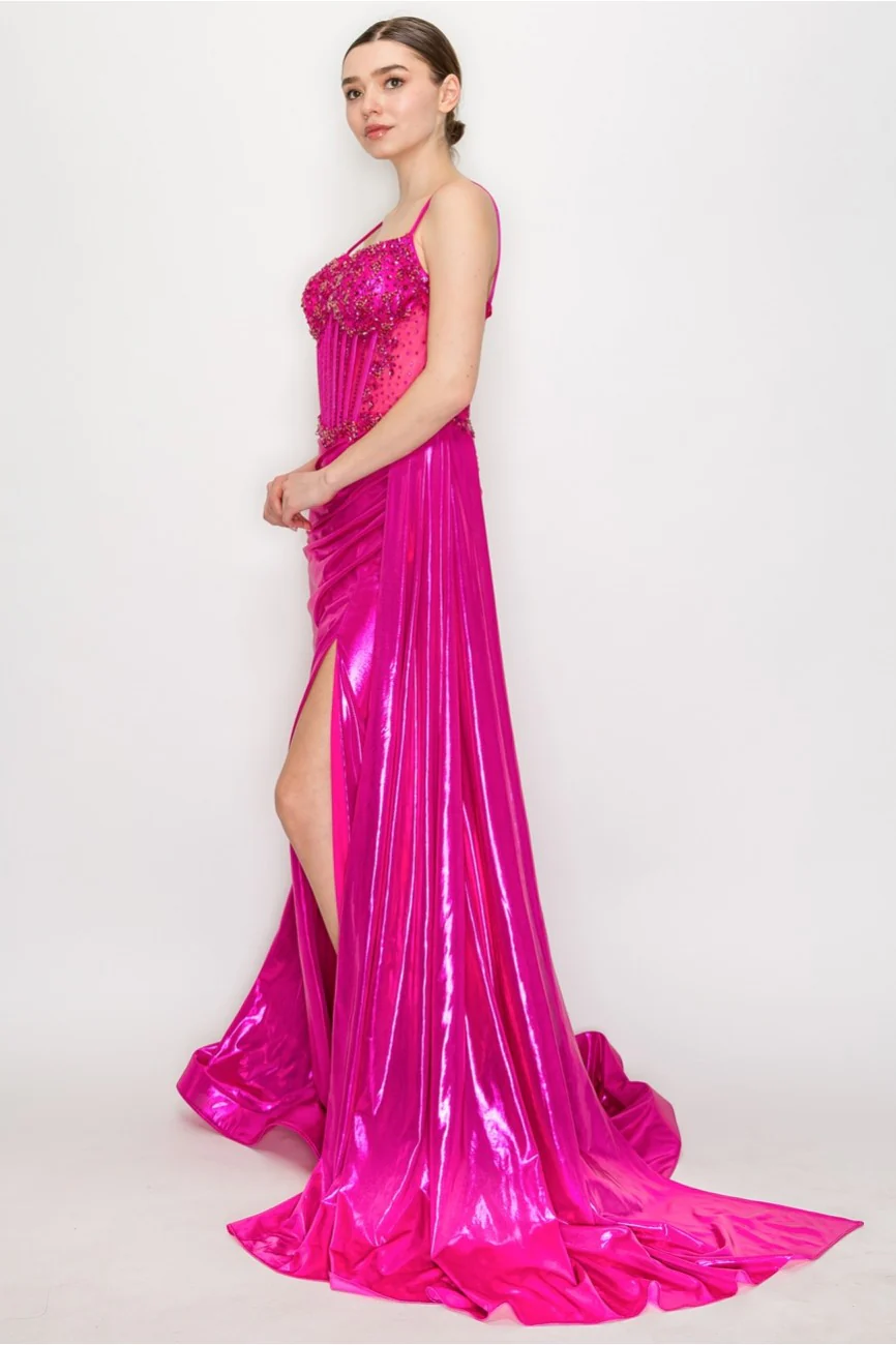 High Couture HC1026 Long Formal Beaded Metallic Prom Dress - Primitiveus