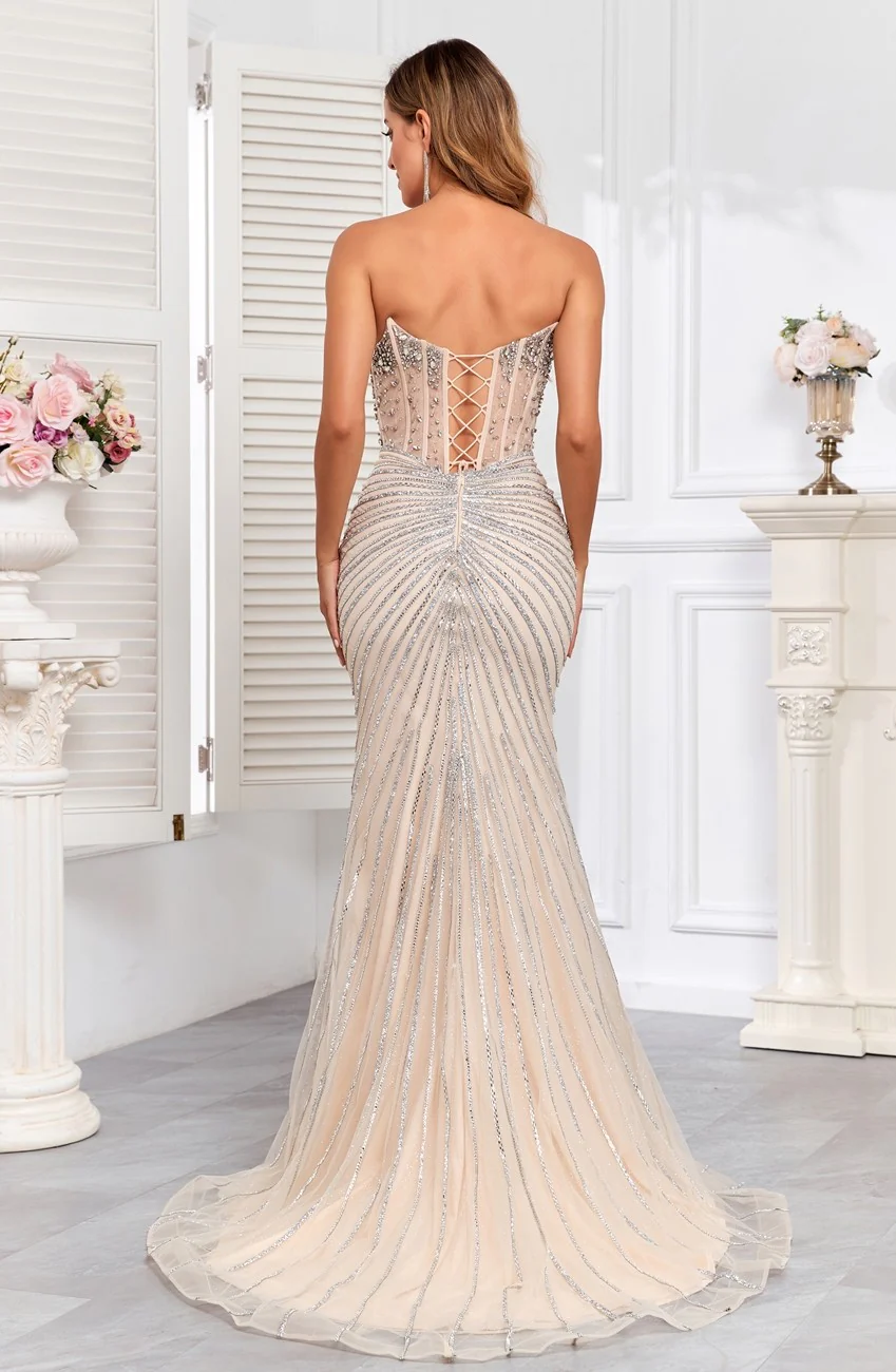 High Couture HC2409 Prom Fitted Long Formal Beaded Corset Evening Gown - Primitiveus