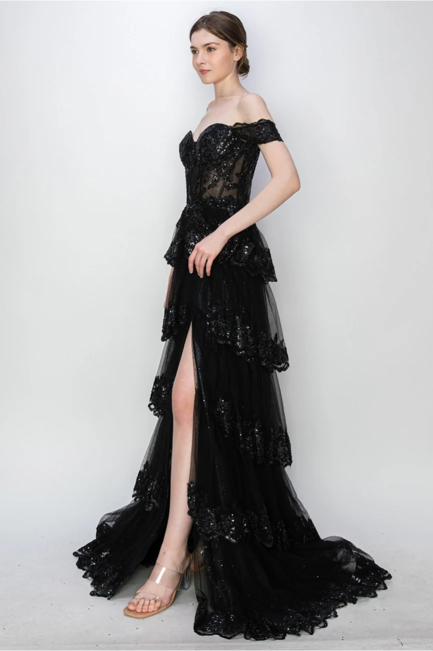 High Couture MJ1020 Long Ball Gown Formal Tiered Prom Dress - Primitiveus