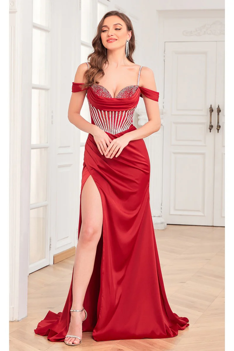 High Couture MJ1001 Beaded Slit Long Formal Corset Prom Dress - Primitiveus
