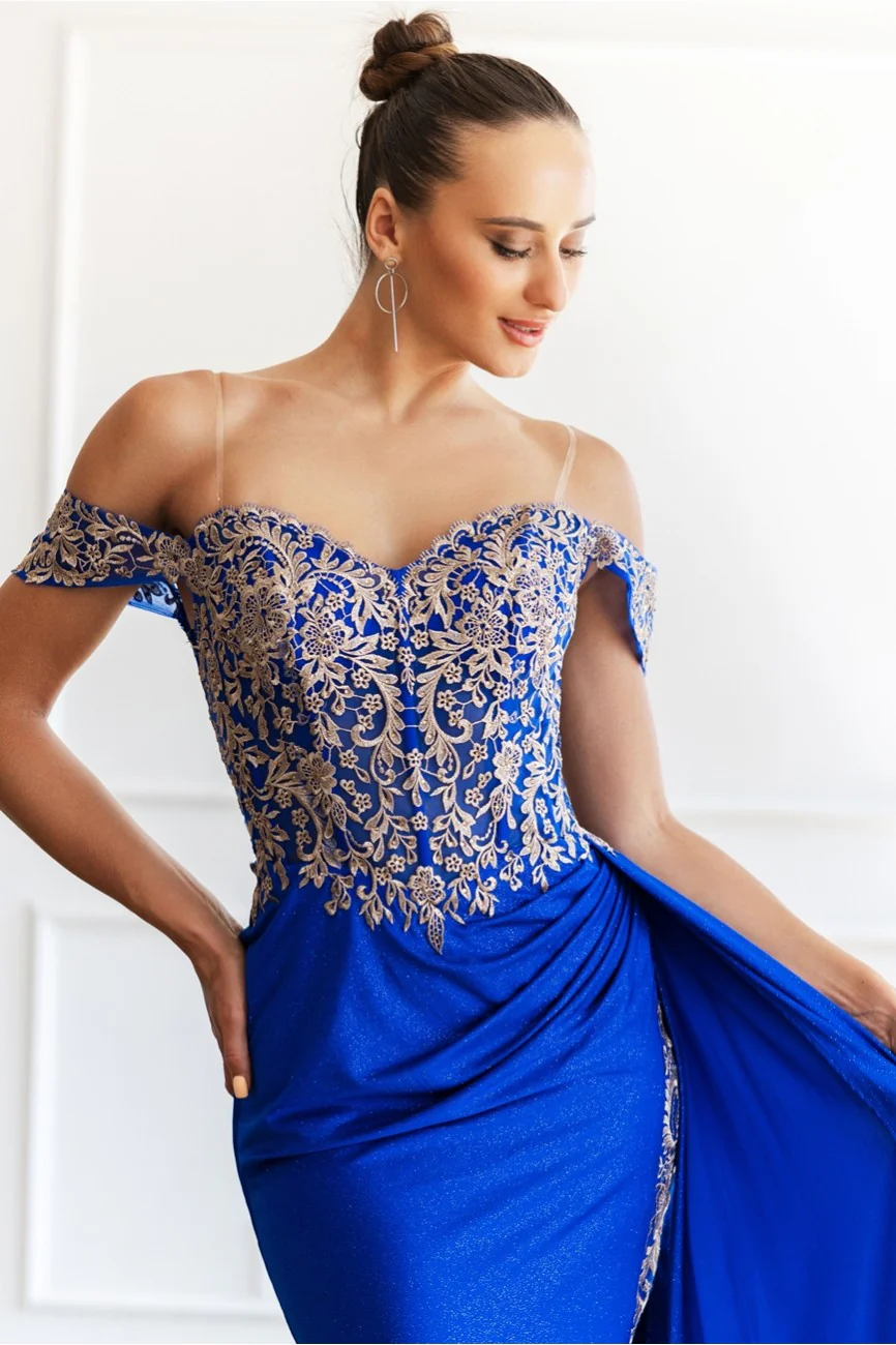 High Couture MJ1021 Glitter Long Formal Lace Applique Prom Dress - Primitiveus