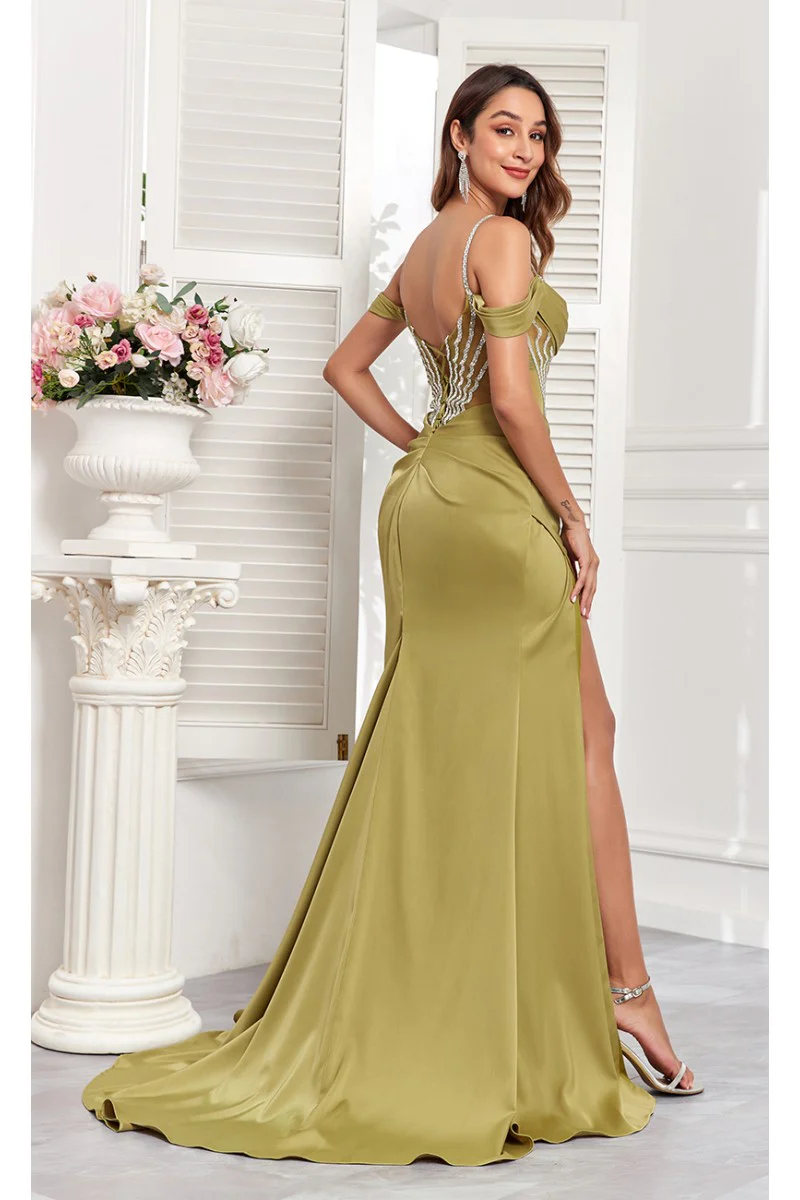 High Couture MJ1001 Beaded Slit Long Formal Corset Prom Dress - Primitiveus