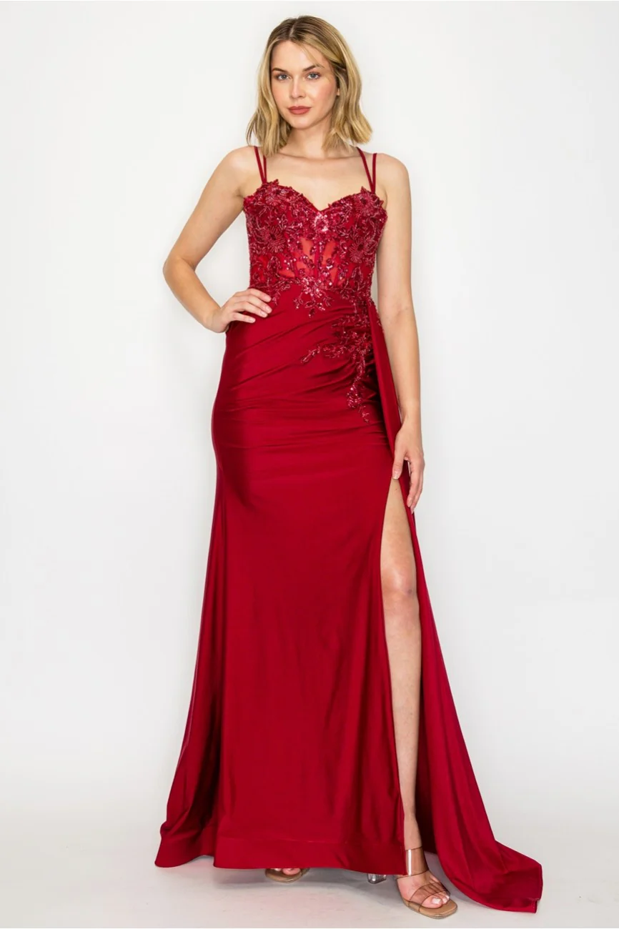 High Couture MJ1014 Prom Long Corset Slit Fitted Formal Dress - Primitiveus