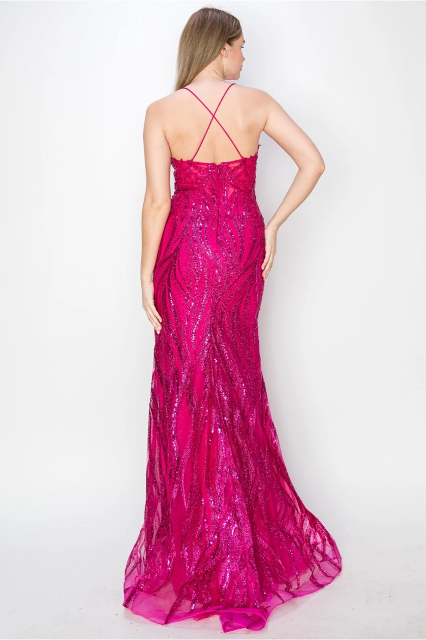 High Couture MJ1010 Long Formal Fitted Slit Sequin Evening Dress - Primitiveus