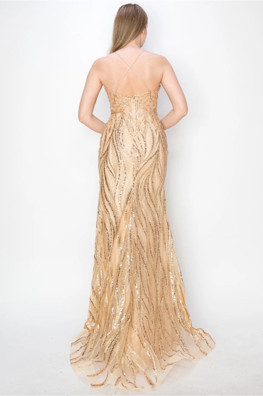 High Couture MJ1010 Long Formal Fitted Slit Sequin Evening Dress - Primitiveus