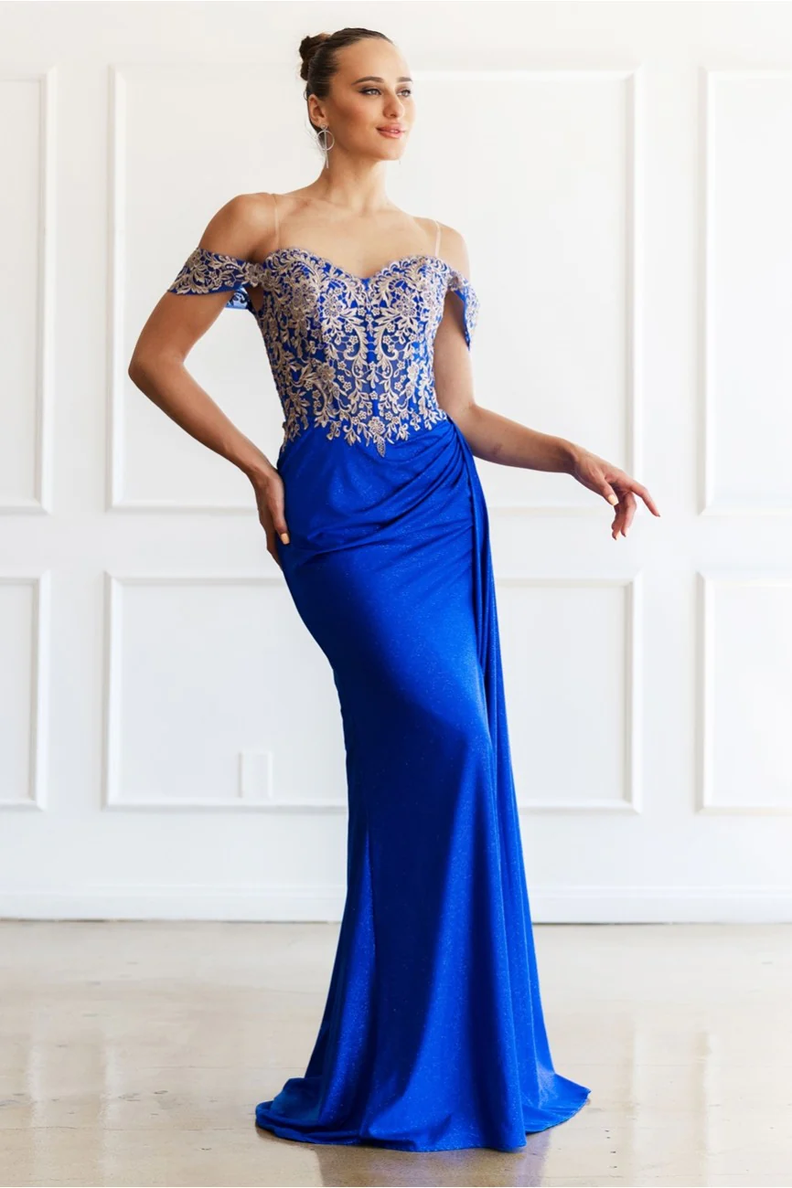 High Couture MJ1021 Glitter Long Formal Lace Applique Prom Dress - Primitiveus