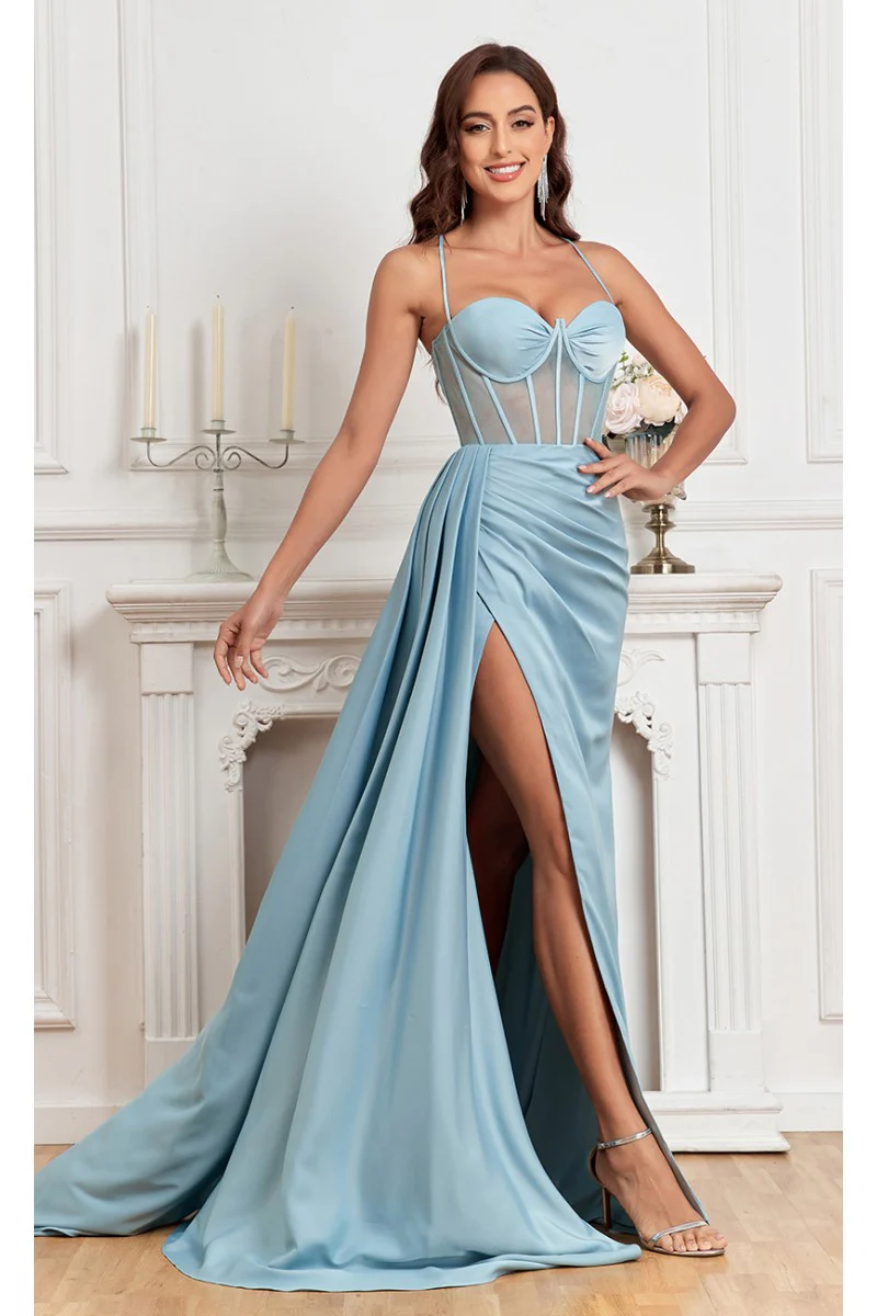 High Couture MJ1003 Fitted Corset Long Formal Slit Prom Dress - Primitiveus