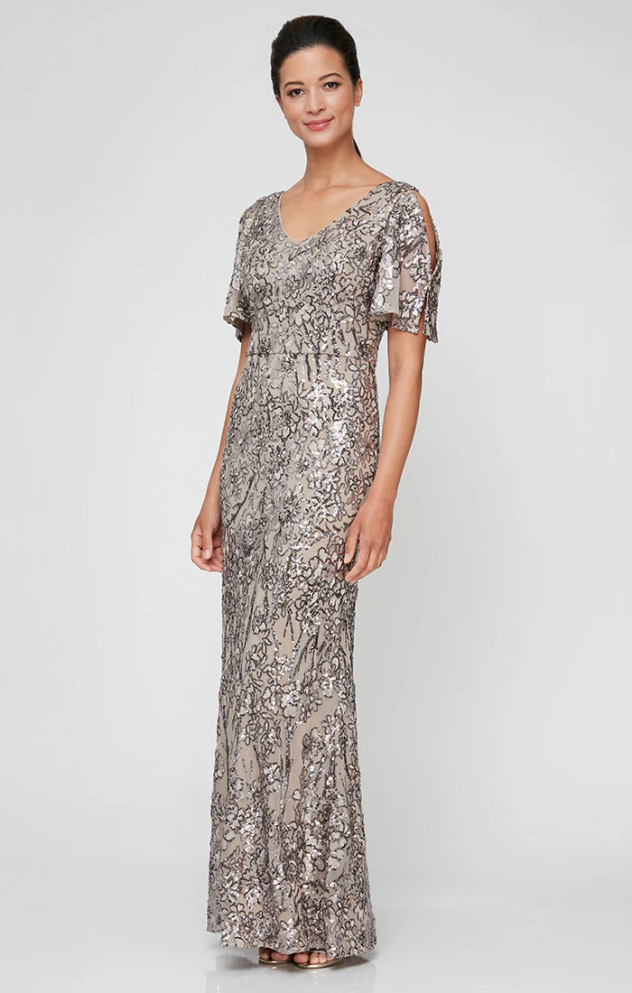 Alex Evenings 8296611 A Line Long Formal Petite Mother of the Bride Sequin Dress - Primitiveus