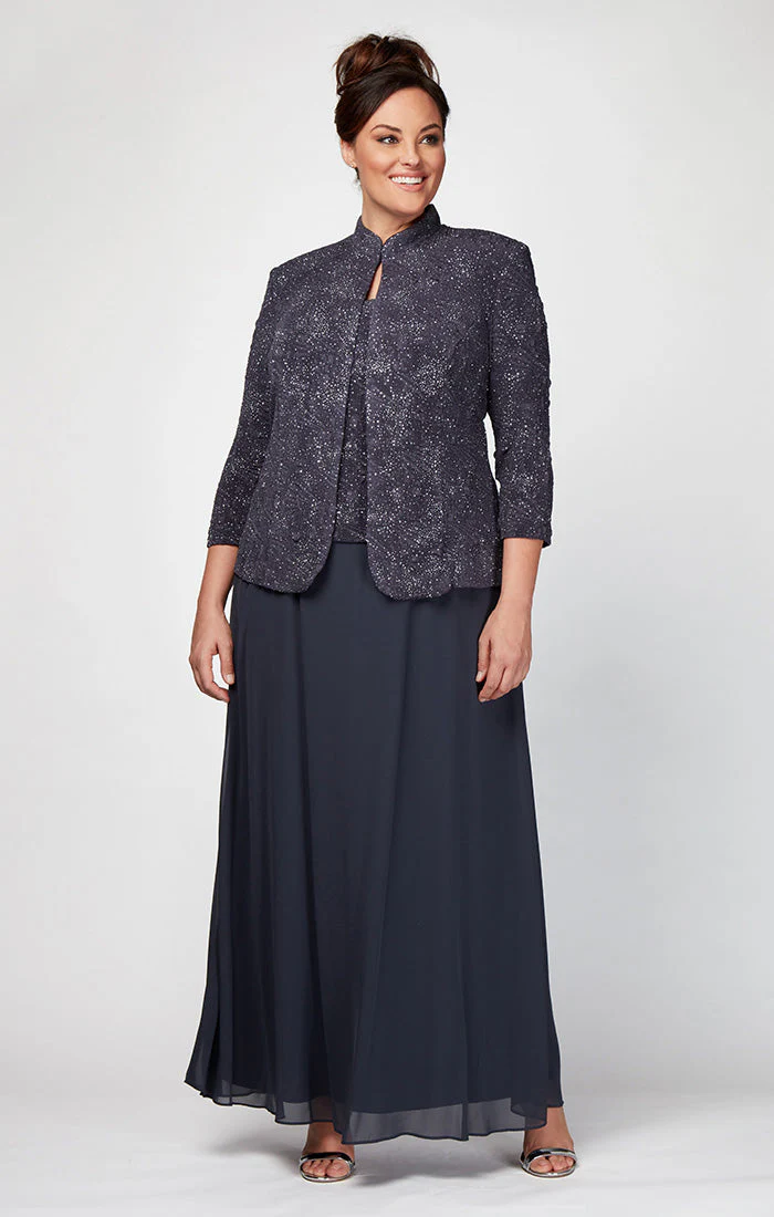Alex Evenings 425053 Long Glitter Plus Size Formal Jacket Dress - Primitiveus