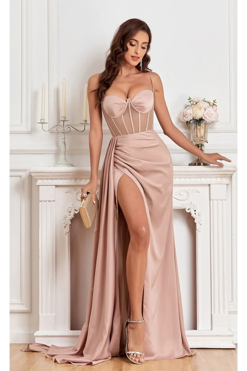 High Couture MJ1003 Fitted Corset Long Formal Slit Prom Dress - Primitiveus