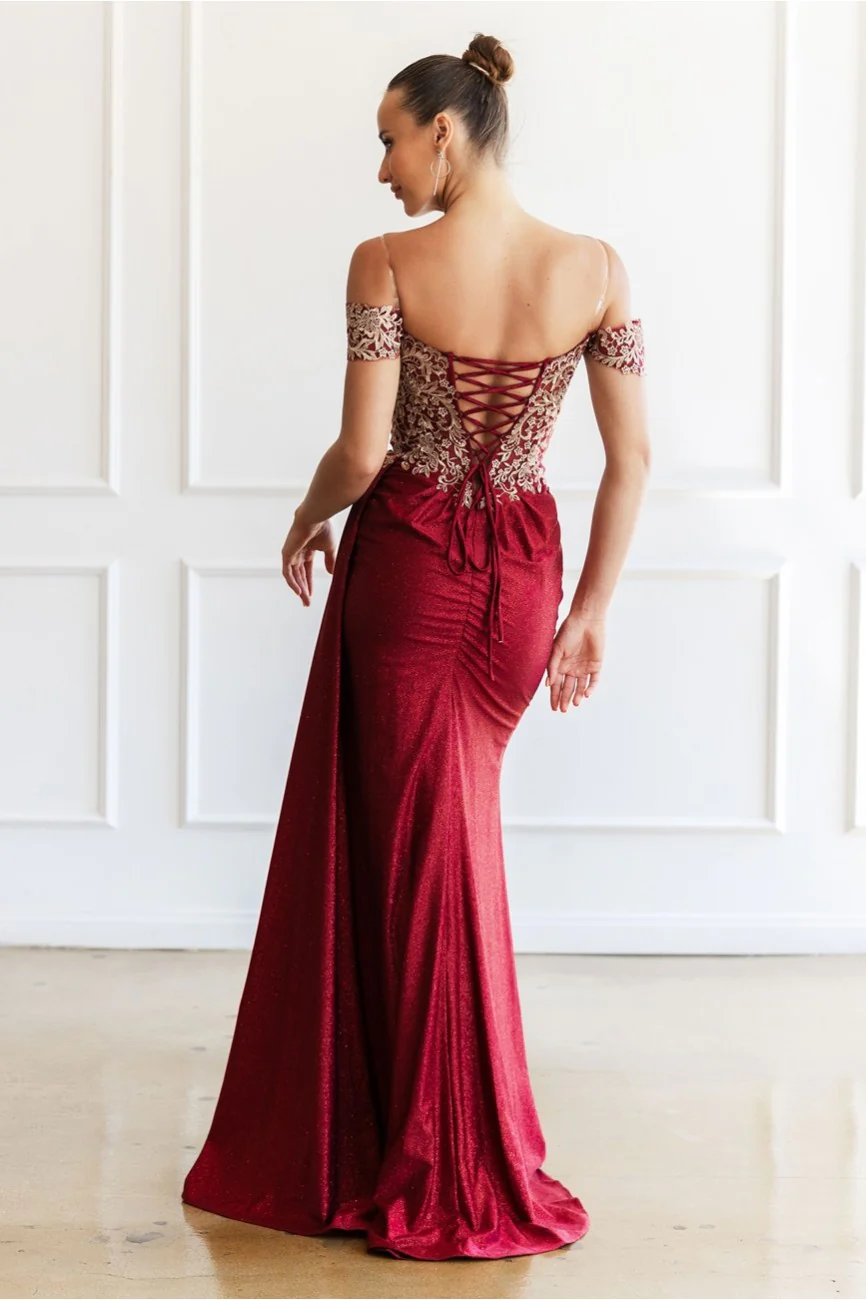 High Couture MJ1021 Glitter Long Formal Lace Applique Prom Dress - Primitiveus