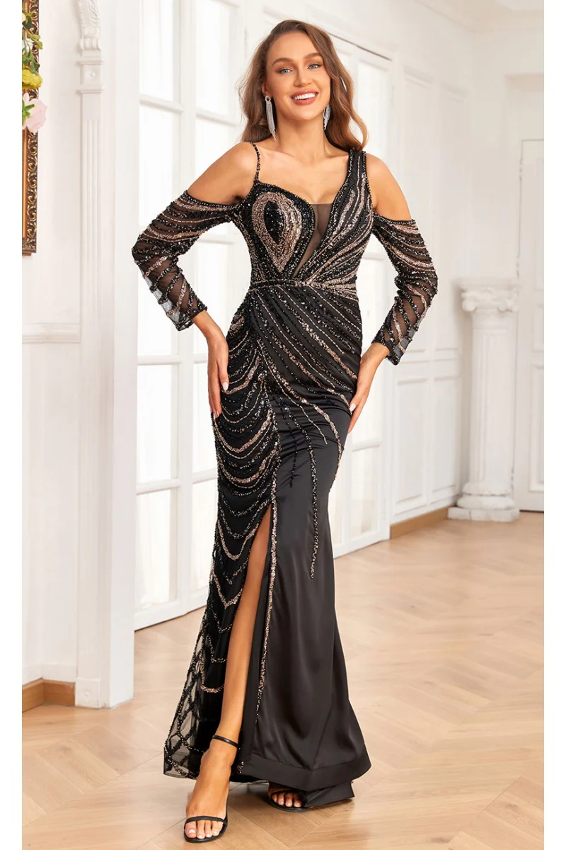 High Couture NR2338 Beaded Slit Formal Long Evening Mermaid Dress - Primitiveus