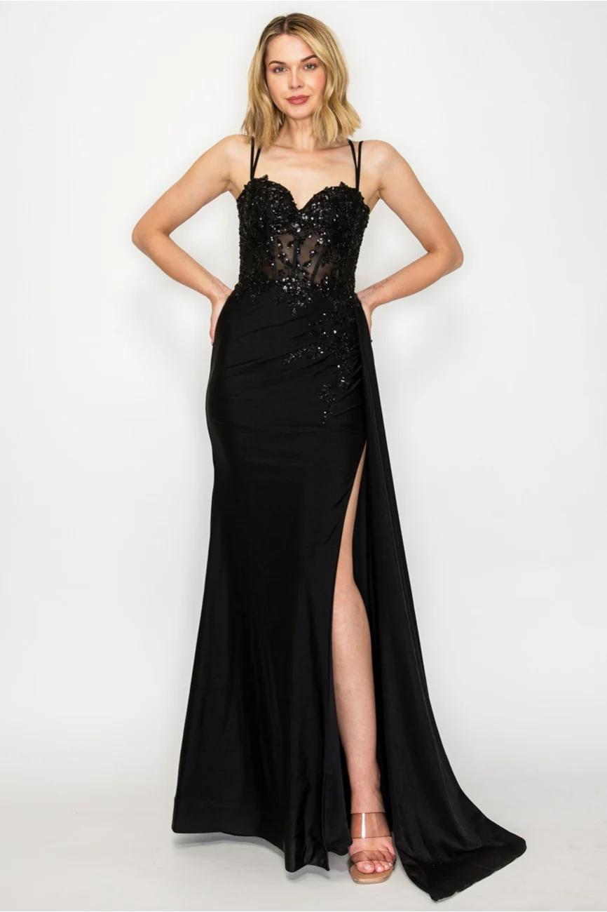 High Couture MJ1014 Prom Long Corset Slit Fitted Formal Dress - Primitiveus