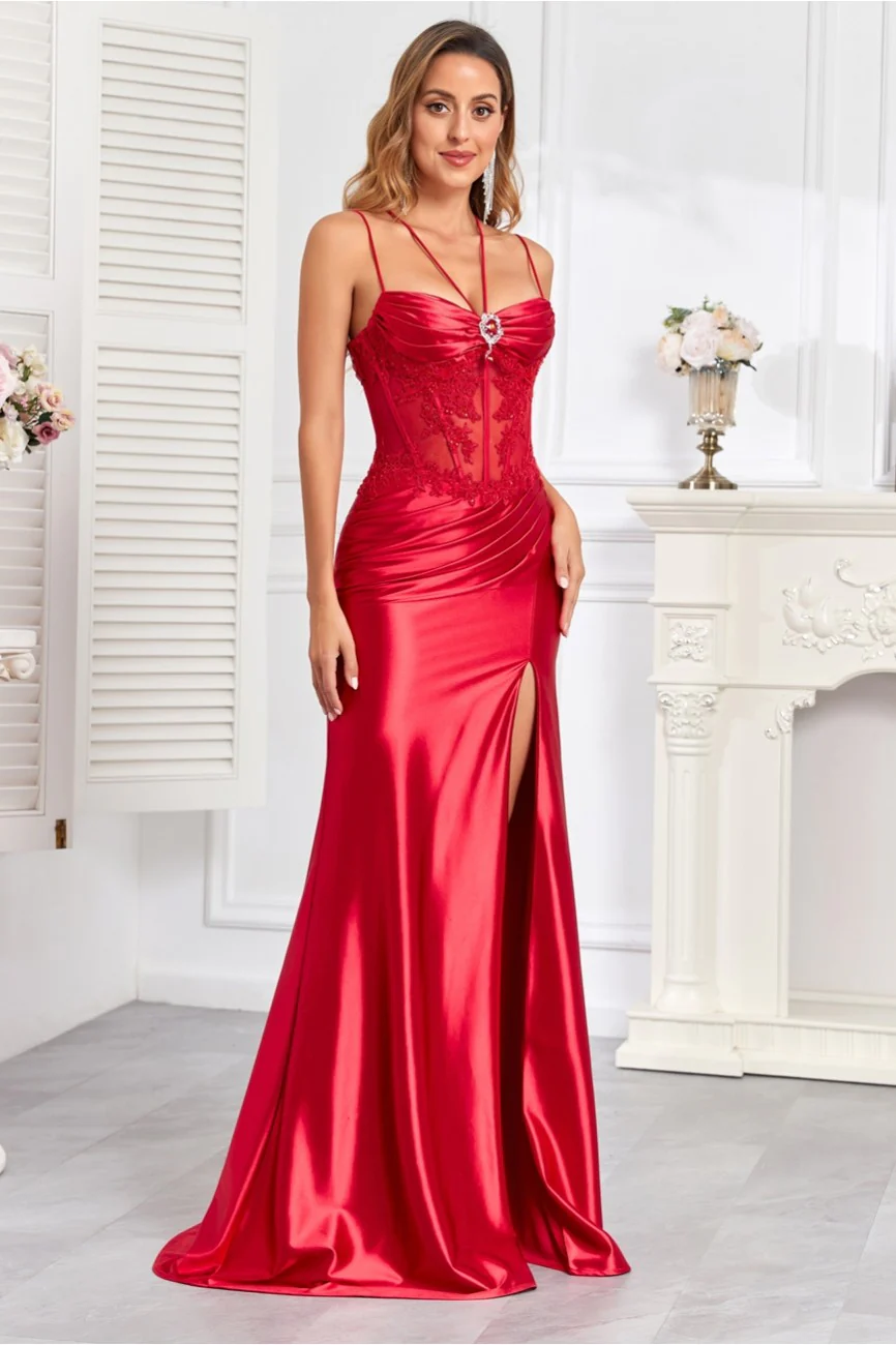 High Couture HC1010 Long Pleated Formal Lace Applique Prom Dress - Primitiveus