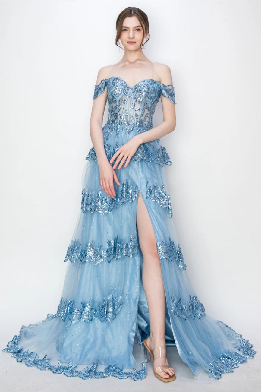 High Couture MJ1020 Long Ball Gown Formal Tiered Prom Dress - Primitiveus
