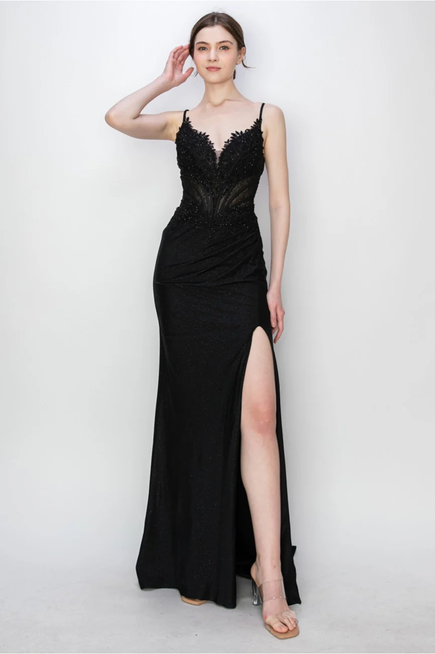 High Couture MJ1019 Long Formal Fitted Corset Slit Evening Prom Gown - Primitiveus
