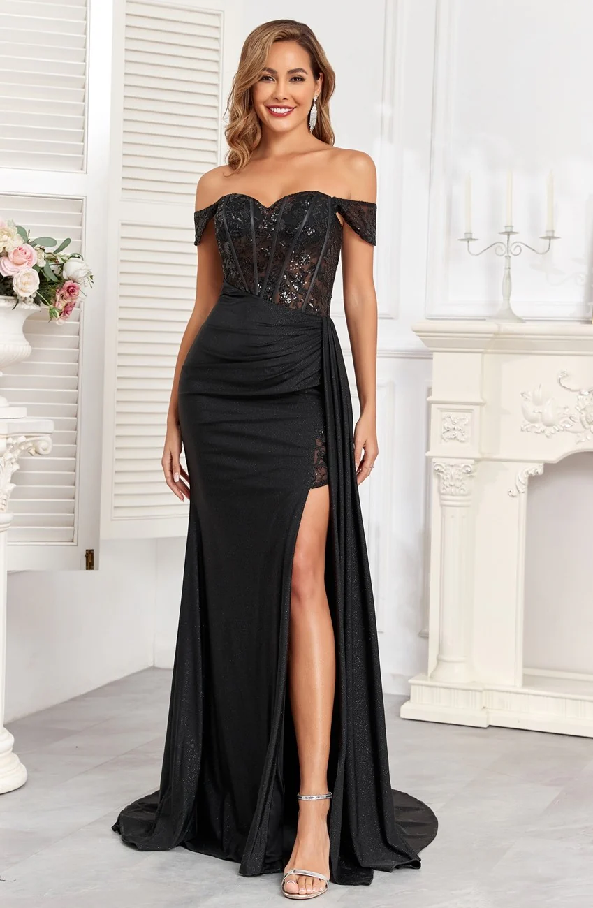 High Couture HC1005 Glitter Long Corset Fitted Formal Prom Dress - Primitiveus