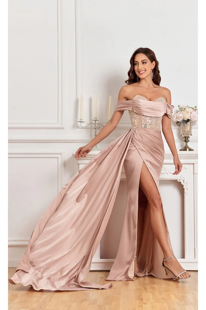 High Couture MJ1005 Fitted Prom Long Formal Beaded Slit Evening Gown - Primitiveus