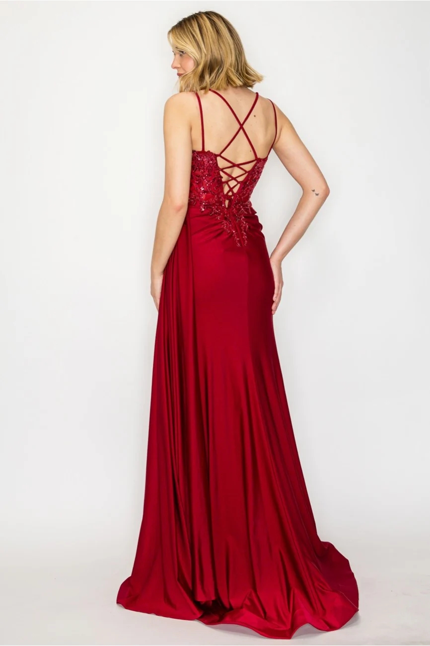 High Couture MJ1014 Prom Long Corset Slit Fitted Formal Dress - Primitiveus