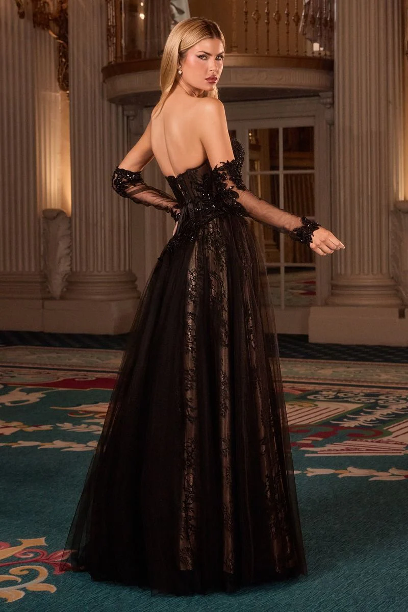 LaDivine CD717 Long Formal A Line Lace Applique Prom Gown - Primitiveus