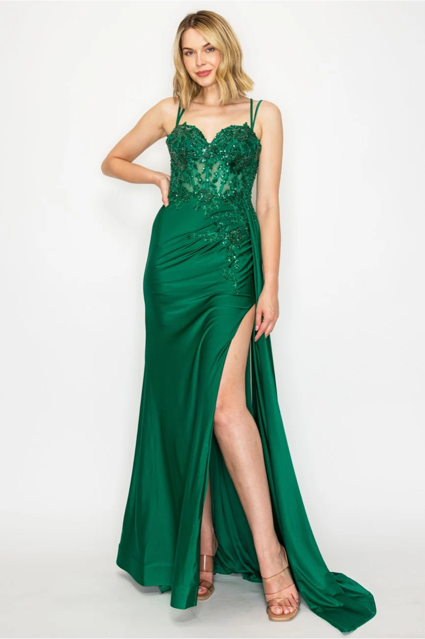 High Couture MJ1014 Prom Long Corset Slit Fitted Formal Dress - Primitiveus