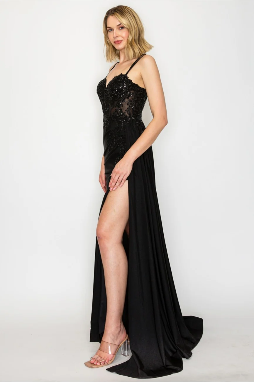 High Couture MJ1014 Prom Long Corset Slit Fitted Formal Dress - Primitiveus