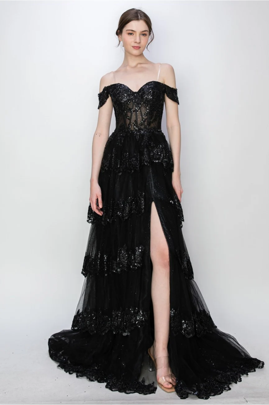 High Couture MJ1020 Long Ball Gown Formal Tiered Prom Dress - Primitiveus