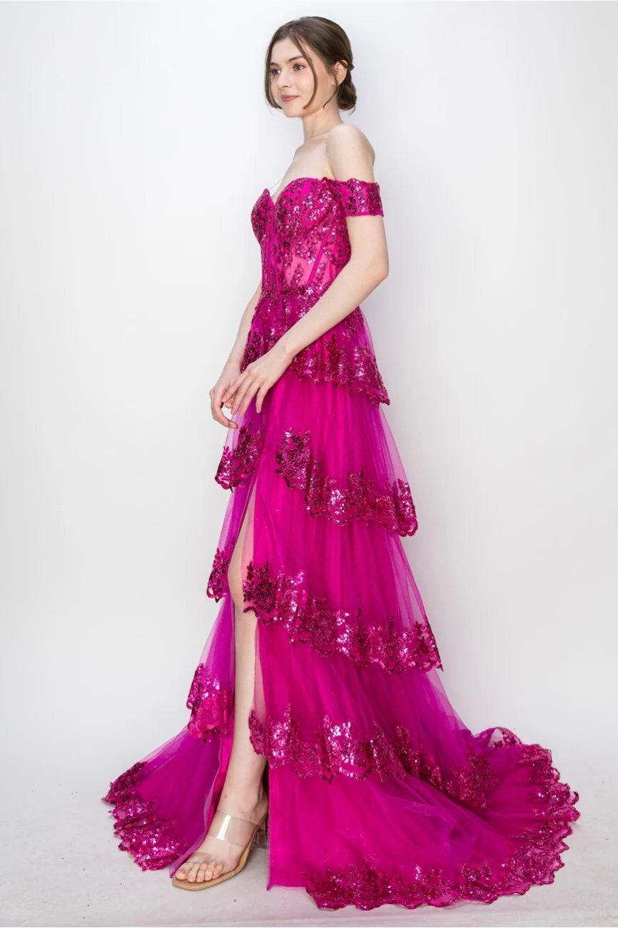 High Couture MJ1020 Long Ball Gown Formal Tiered Prom Dress - Primitiveus