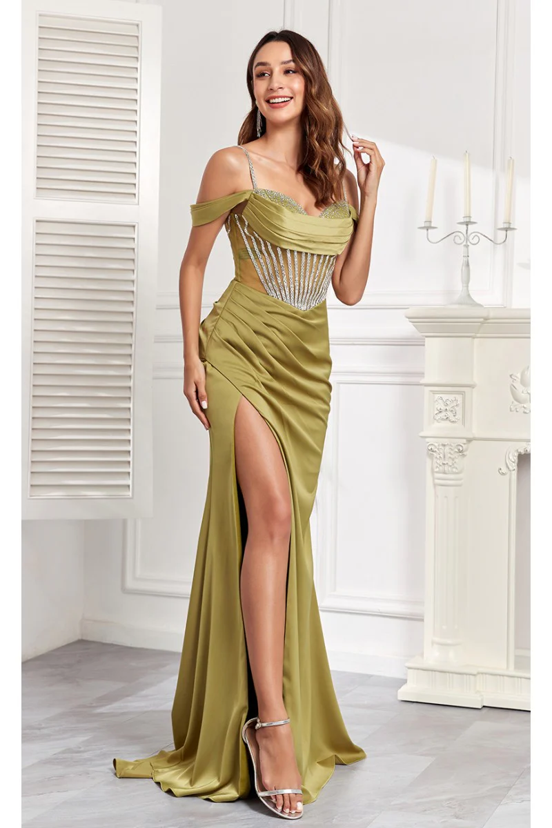 High Couture MJ1001 Beaded Slit Long Formal Corset Prom Dress - Primitiveus