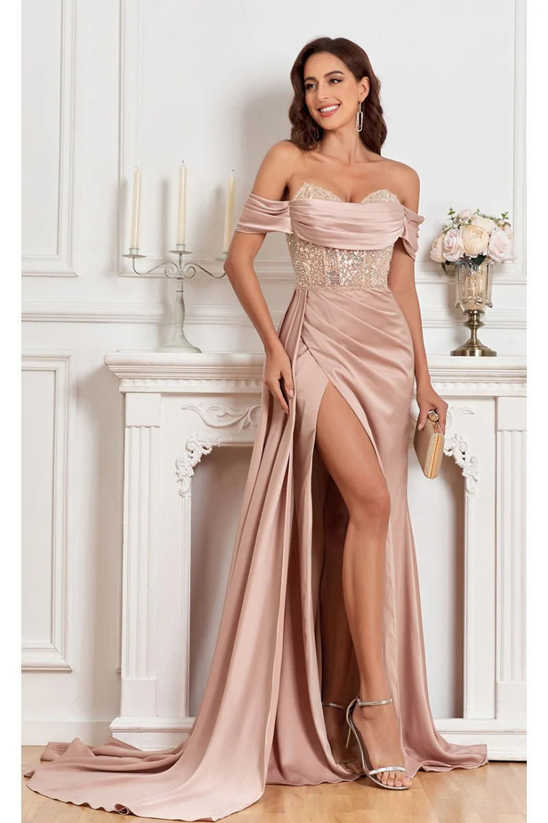 High Couture MJ1005 Fitted Prom Long Formal Beaded Slit Evening Gown - Primitiveus