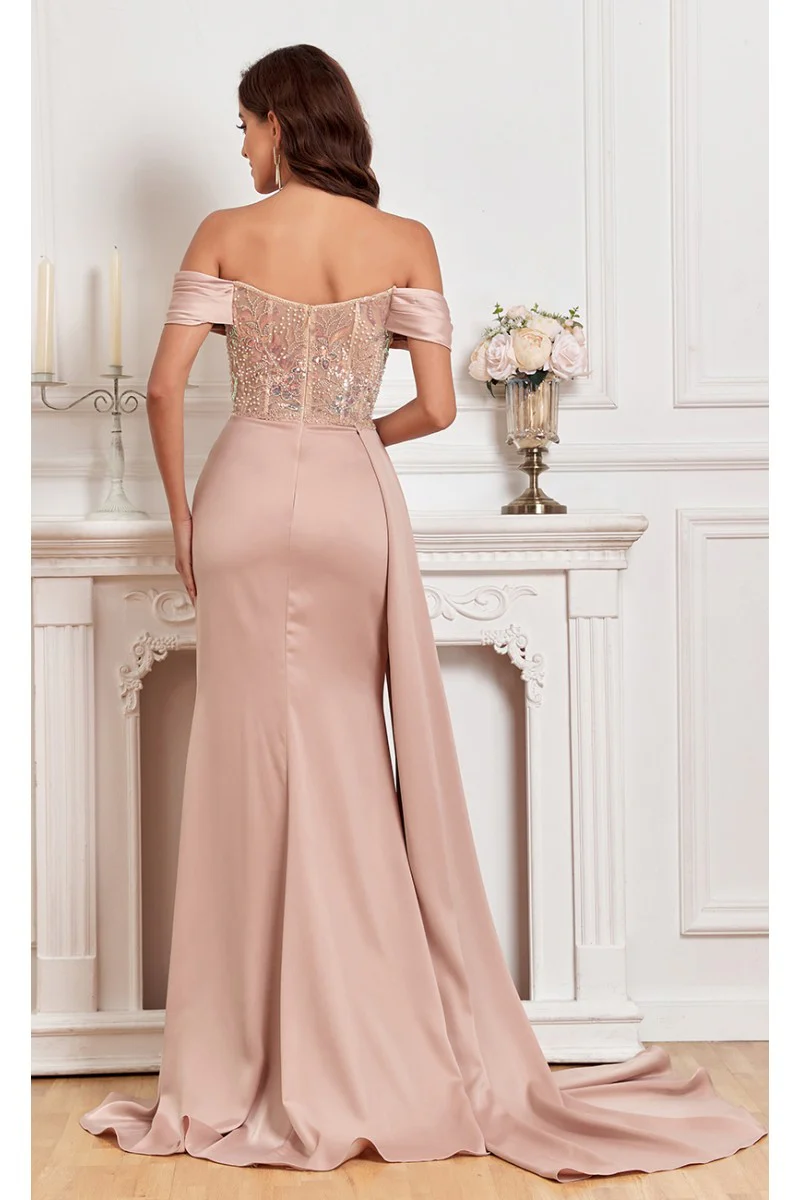 High Couture MJ1005 Fitted Prom Long Formal Beaded Slit Evening Gown - Primitiveus