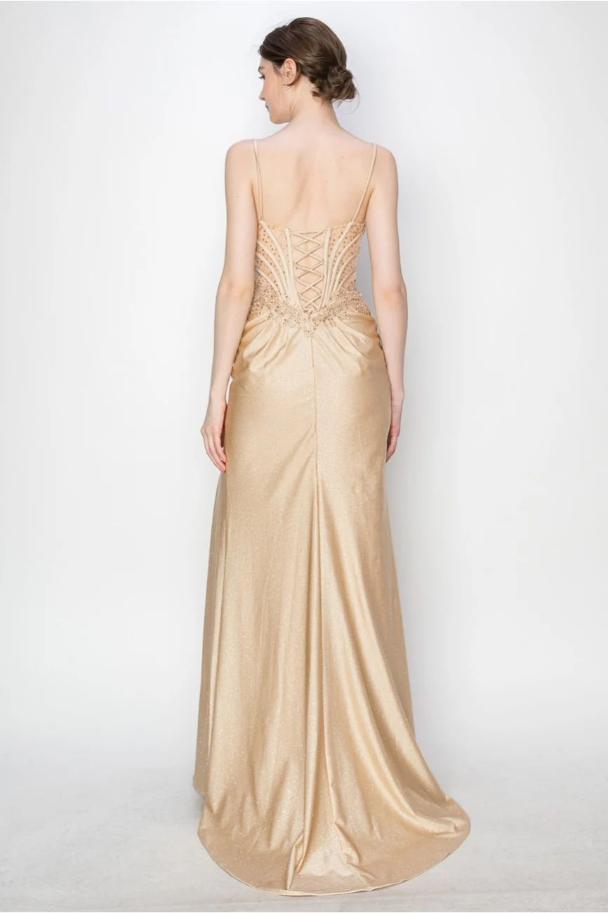 High Couture MJ1019 Long Formal Fitted Corset Slit Evening Prom Gown - Primitiveus