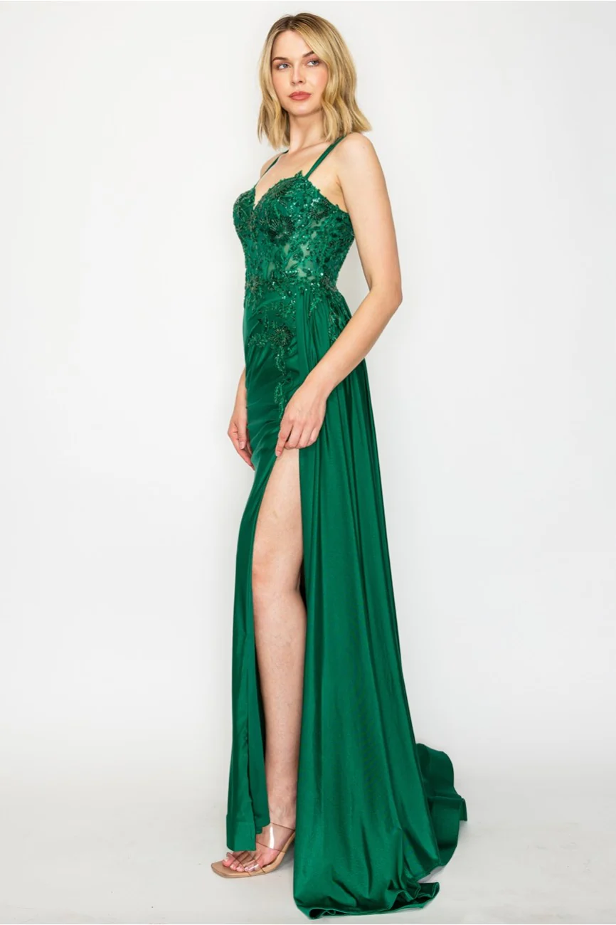 High Couture MJ1014 Prom Long Corset Slit Fitted Formal Dress - Primitiveus