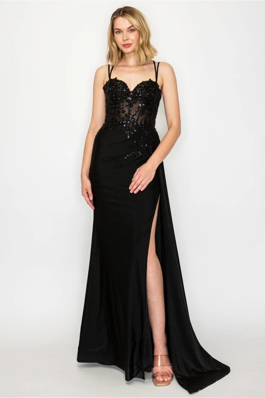 High Couture MJ1014 Prom Long Corset Slit Fitted Formal Dress - Primitiveus