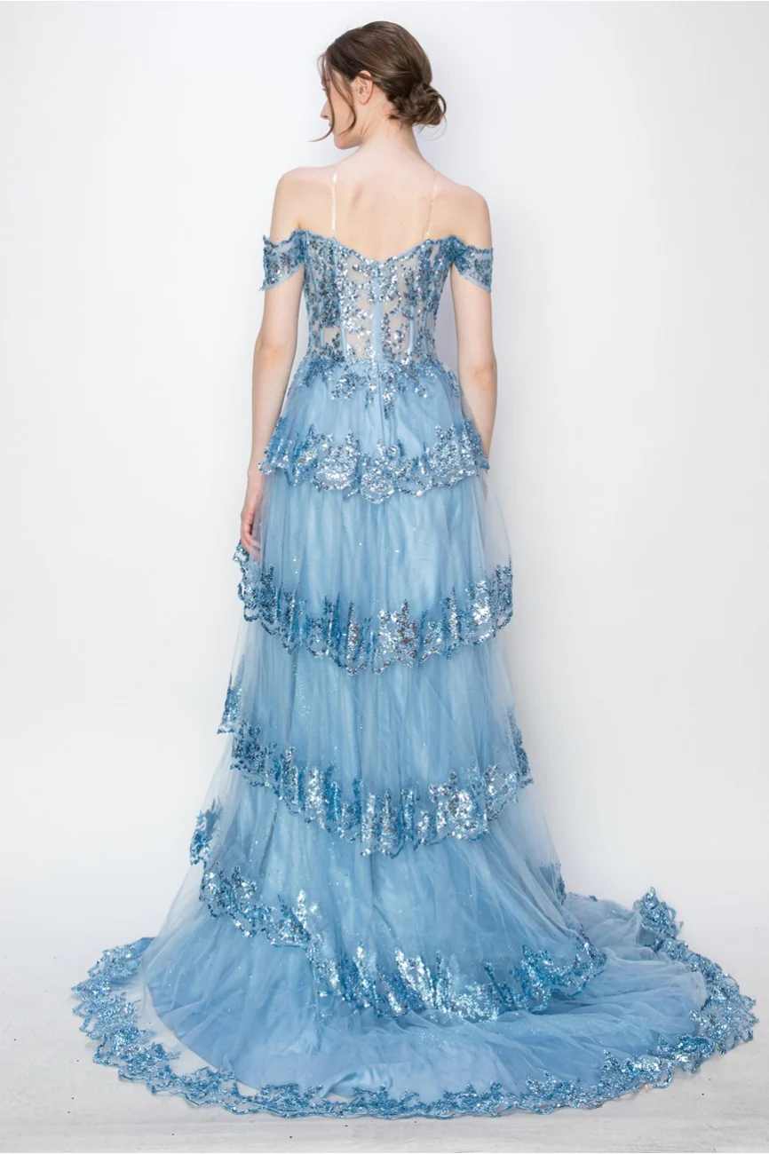 High Couture MJ1020 Long Ball Gown Formal Tiered Prom Dress - Primitiveus