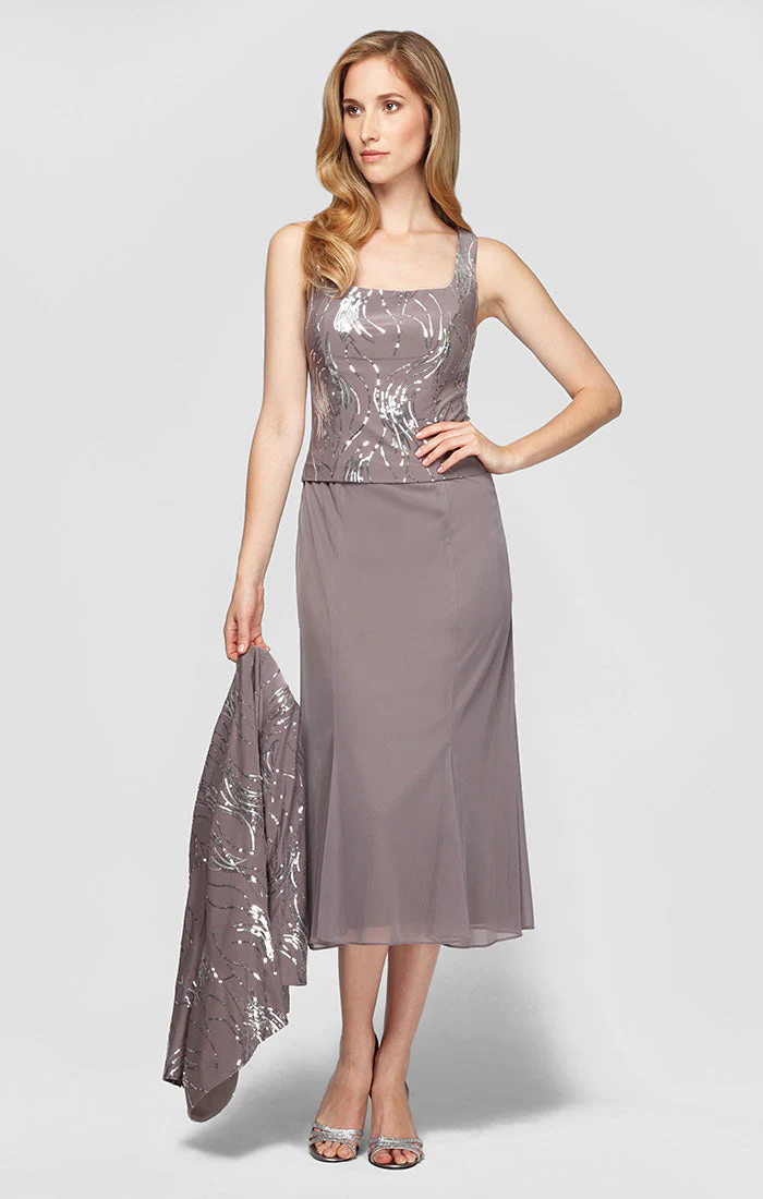 Alex Evenings 296267 Petite Short Cocktail Sequin Jacket Mother of the Bride Tea Length Dress - Primitiveus