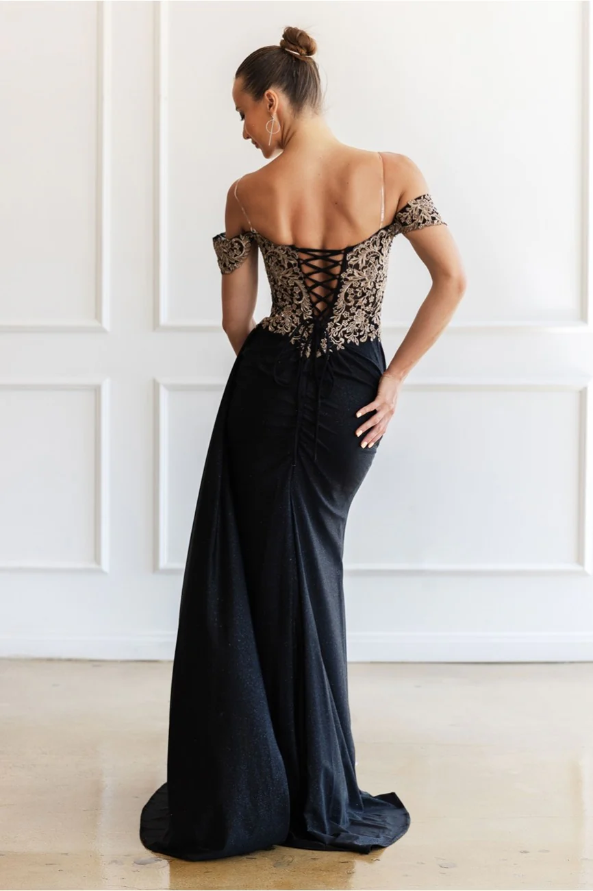 High Couture MJ1021 Glitter Long Formal Lace Applique Prom Dress - Primitiveus