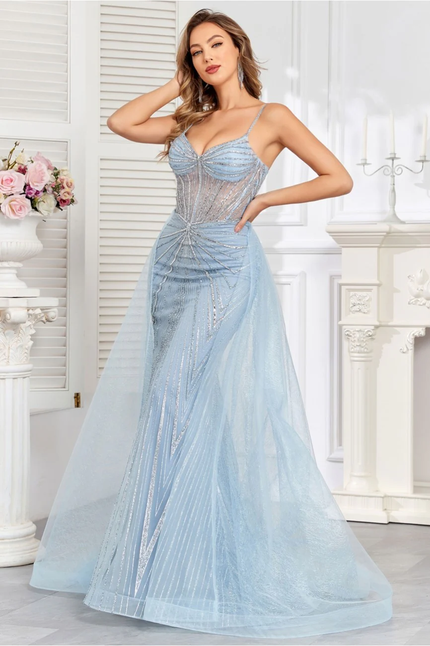 High Couture HC1009 Prom Fitted Long Formal Beaded Overskirt Evening Gown - Primitiveus