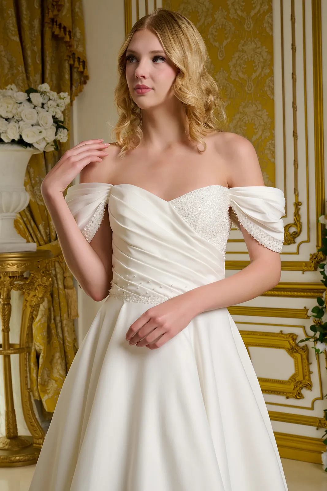 Pleated Long Bridal A Line Beaded Wedding Dress - Primitiveus