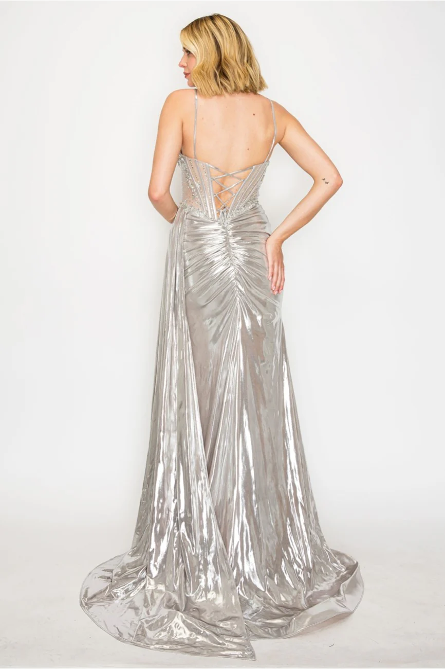 High Couture HC1026 Long Formal Beaded Metallic Prom Dress - Primitiveus