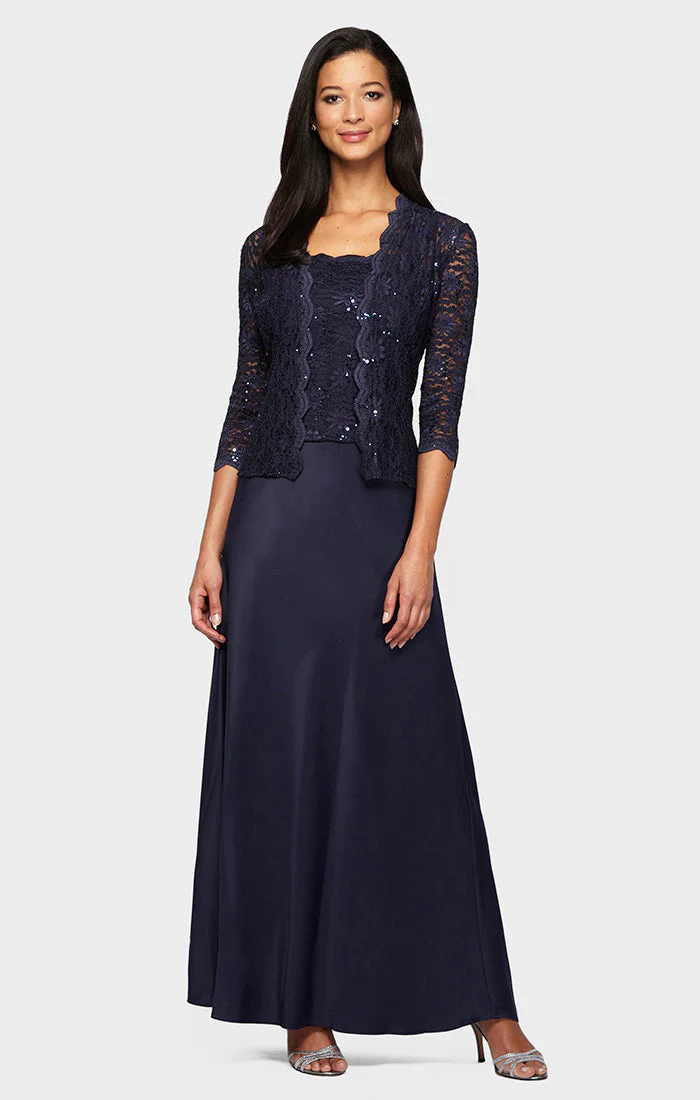 Alex Evenings 1121198 A Line Long Mother of the Bride Sequin Lace Jacket Dress - Primitiveus