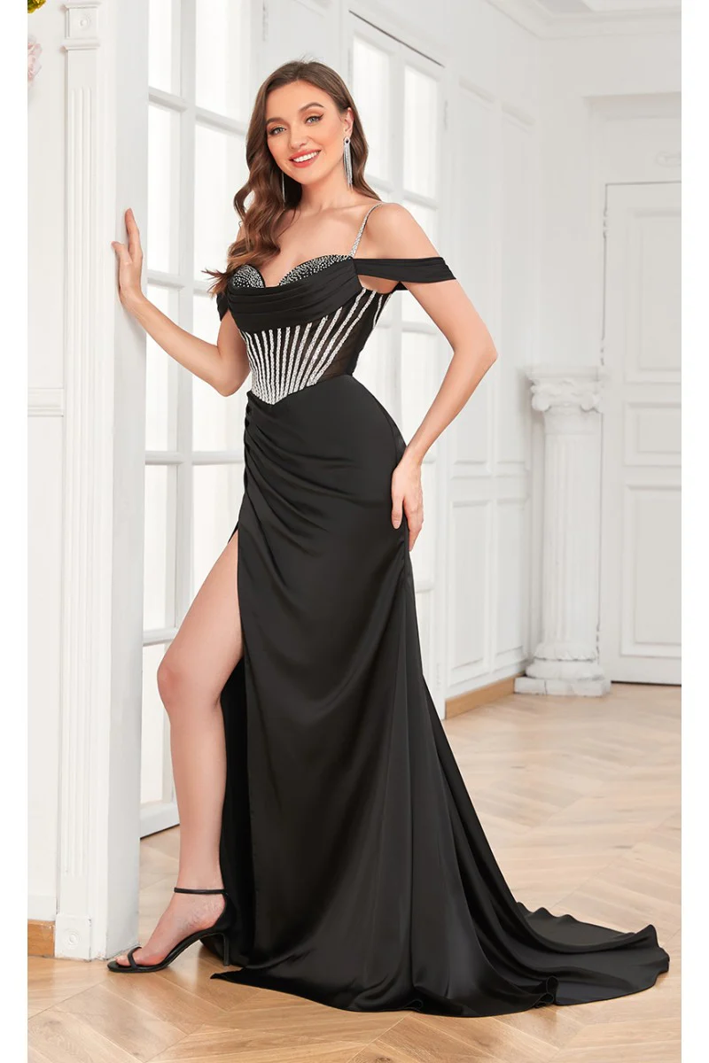 High Couture MJ1001 Beaded Slit Long Formal Corset Prom Dress - Primitiveus