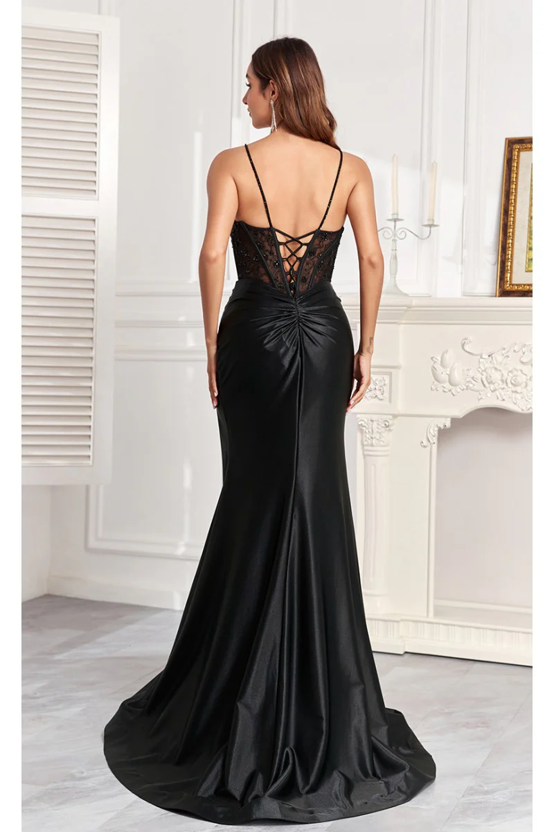 High Couture MJ1013 Pleated Long Formal Slit Corset Prom Gown - Primitiveus
